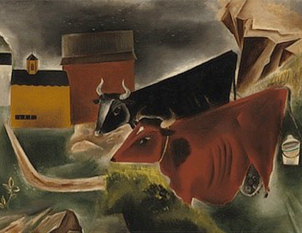 Abstract oil painting depicting cows on with a geometric background.