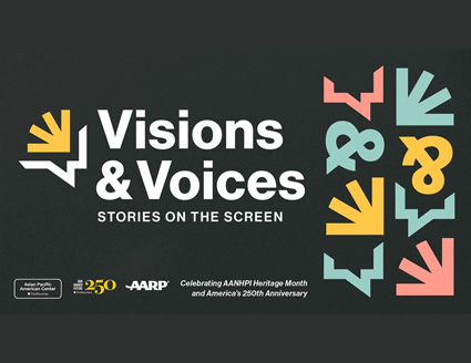 Visions and Voices, Stories on the Screen series logo: white text on a dark grey background decorated with large typographical elements in light blue, pink and gold.
