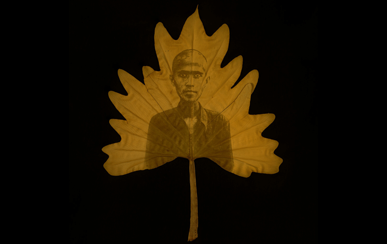 Man superimposed on a leaf on a black background.
