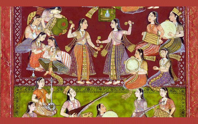 18th century Indian painting of dancers and musicians entertaining the women of the Mughal Court in a garden.